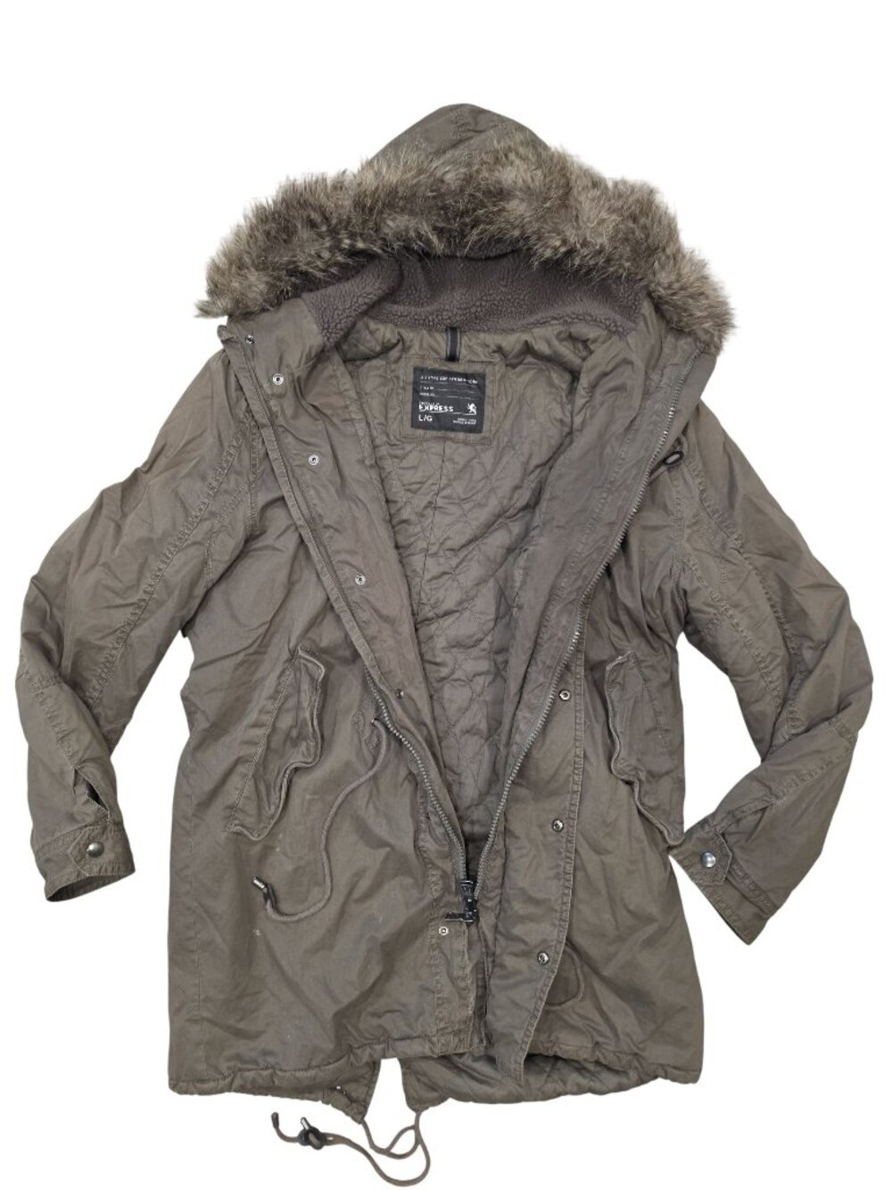 Vintage Express A-2 Type Olive Parka Jacket With Faux Fur Hood Lined Size Large
